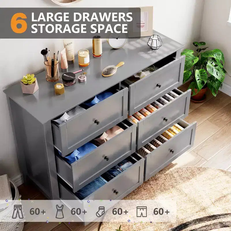6 Drawers Dresser for Bedroom, Modern Dresser with Deep Drawers and Nickel Round Handle, Wooden Bedroom Drawer Dresser,for Bedroom,Living Room