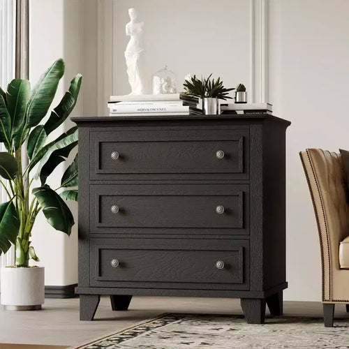 Black 3 Drawer Dresser for Bedroom, Wide Chest of Drawers with Vintage Handle, Modern Wood Dresser Wide Nightstand Cabinet for Living Room