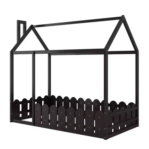 Bellemave Twin Floor Bed with Fence, Door and Chimney, Montessori Floor Bed Twin Size, House Floor Bed for Kids, gilrs, Boys, Espresso Montessori Bed