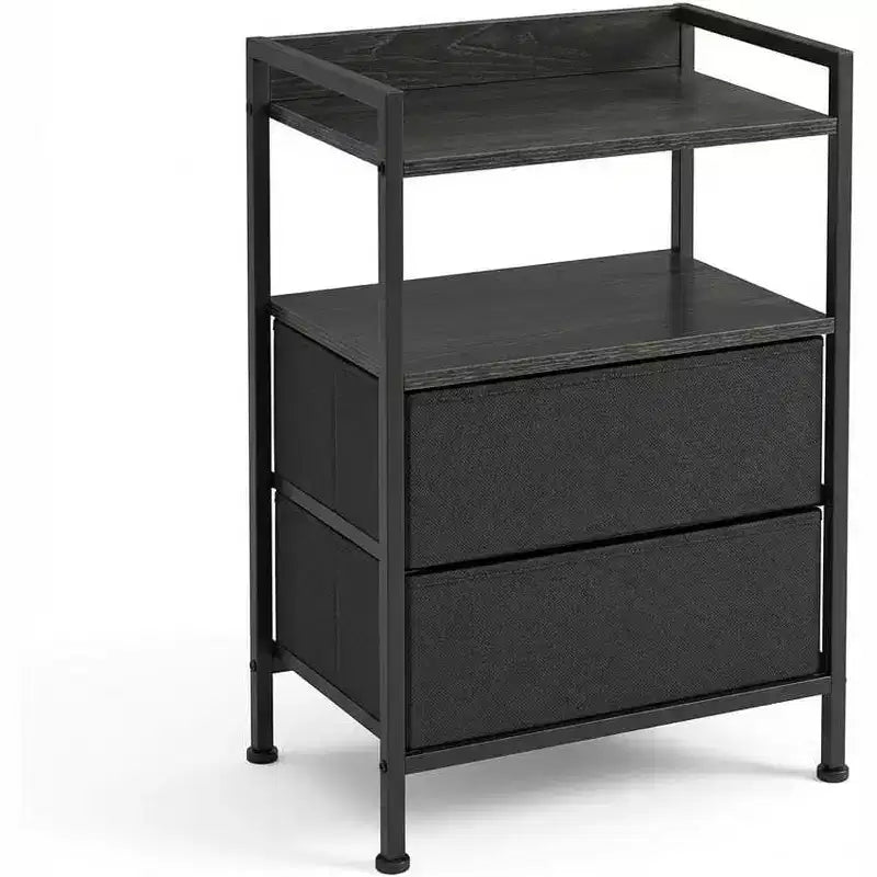 3-Tier Nightstand with 2 Fabric Drawers, Wooden Top Bedside Table with Open Shelf