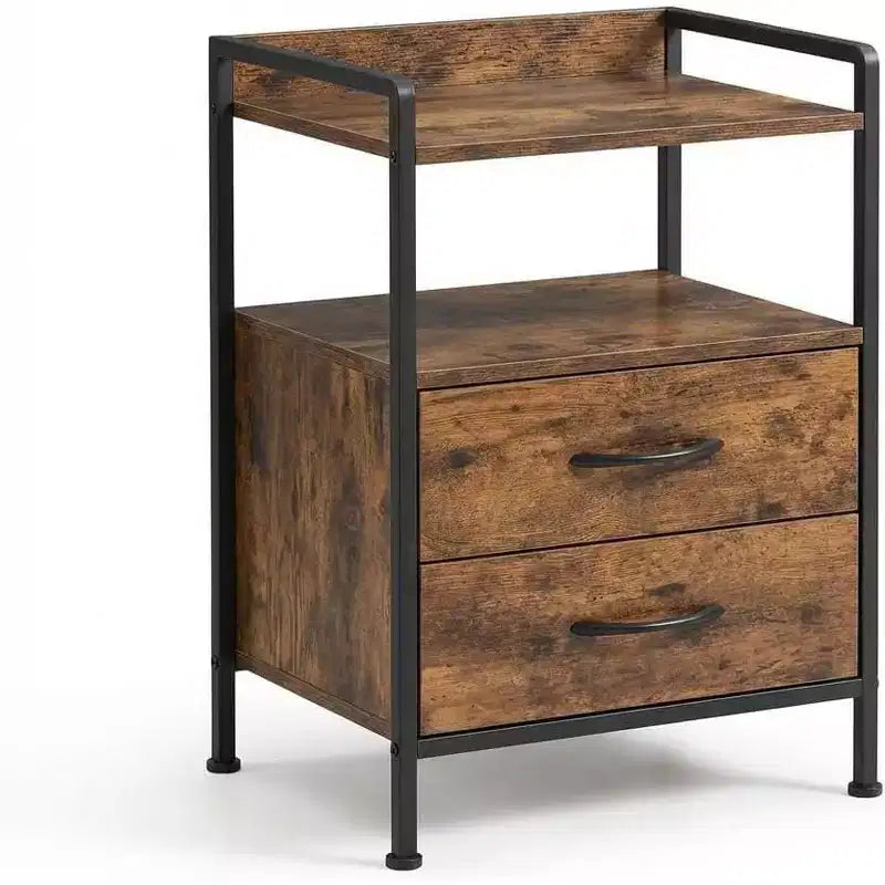 3-Tier Nightstand with 2 Fabric Drawers, Wooden Top Bedside Table with Open Shelf