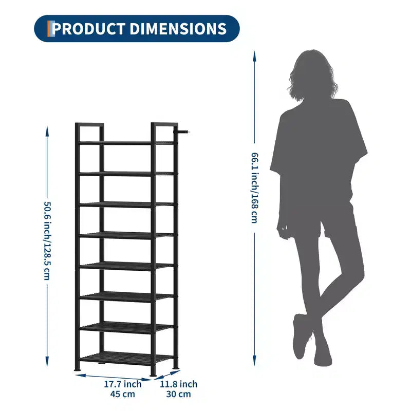 High-Capacity Slim Shoe Rack, Narrow Metal Frame Organizer with Adjustable Fabric Shelves for Entryway, Bedroom, Closet, and Small Spaces