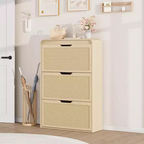 Boho Rattan Shoe Cabinet with 3 Flip Drawers, Space-Saving Slim Wood Shoe Storage Organizer w/ Adjustable Shelves for Narrow Entryway & Hallway