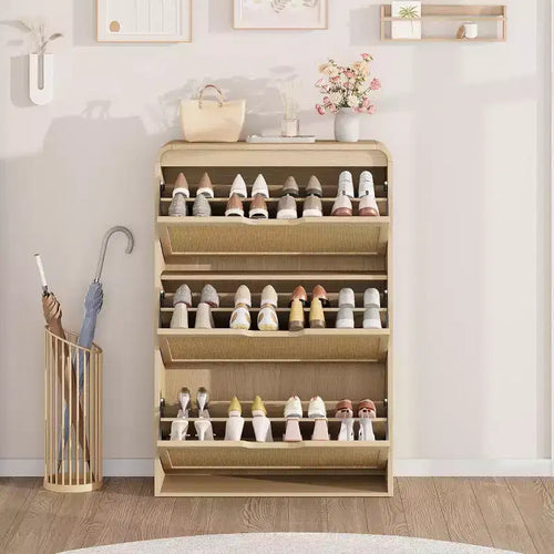 Boho Rattan Shoe Cabinet with 3 Flip Drawers, Space-Saving Slim Wood Shoe Storage Organizer w/ Adjustable Shelves for Narrow Entryway & Hallway