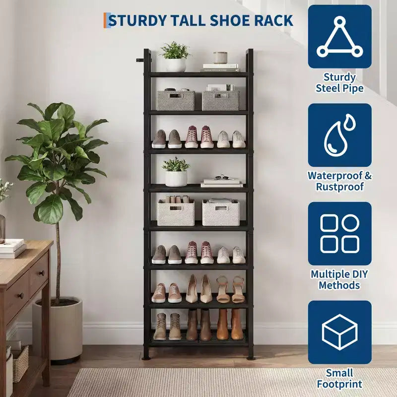 Shoe Rack, Slim Shoe Storage Organizer with Metal Frame & Non-Woven Fabric Shelves, Adjustable Design for Entryway, Bedroom