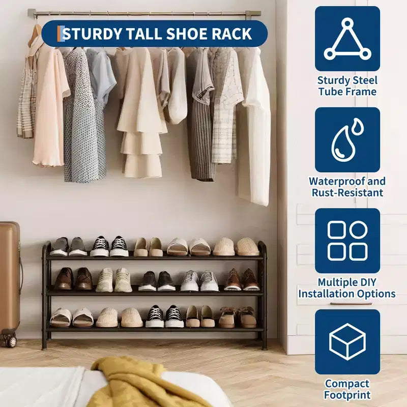 Shoe Rack, Slim Shoe Storage Organizer with Metal Frame & Non-Woven Fabric Shelves, Adjustable Design for Entryway, Bedroom
